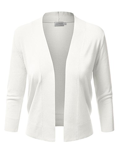 JJ Perfection Women's Basic 3/4 Sleeve Open Front Cropped Cardigan White L