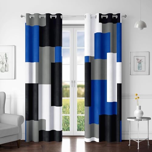 Tyrot Royal Blue 100% Blackout Curtains for Bedroom 84 inch Long 2 Panels Set Modern Abstract Geometric Black Out Curtains Blue Gray Insulated Room Darkening Window Drapes for Living Room 52Wx84L