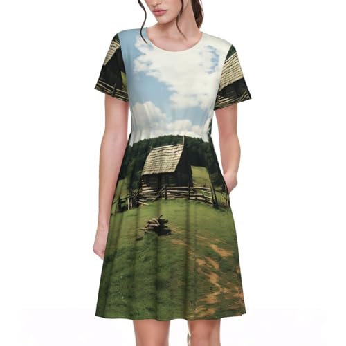 ETASUIOL Vestido largo de manga corta con estampado de madera rústica para mujer, para vacaciones en la playa, casual, vestido largo para primavera, Negro, XL