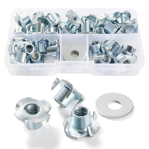 Lyeteung 30 Pièces M8 × 11mm Écrous en T à Dents, Ecrous en T 4 Griffes, T-Nuts Inserts Filetés, avec 5 Pièces Rondelles, pour Bois, Armoire, Meubles