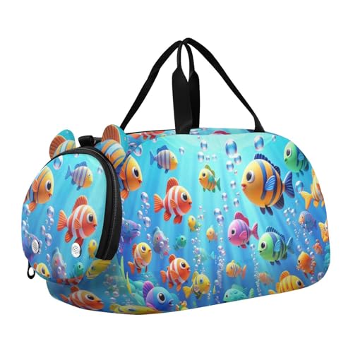 Colorful Sea Fishes Duffle Bag for Girl, Sports Duffle Gym Bags with Shoe Compartment, Personalized Overnight Bag Travel Weekender for Kids