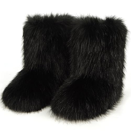 GANGYIMUNE Faux Fur Boots for Women Winter Furry Fuzzy Mid Calf Black Brown Snow Boots for Women Fur Lined Short Fluffy Boots y2k (black 7)