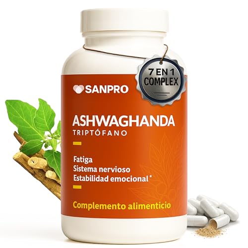 Ashwagandha + Triptófano Complex 7 en 1 | Magnesio, Vitaminas B1, B2, B3 y B6 | Adaptógeno Natural Para Bajar Cortisol Bajada de Peso y Estrés | 120 Cápsulas Veganas | Sueño Reparador, Concentración
