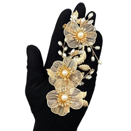 Pinzas para cabello doradas con flores y perlas de cristal, pack de 3 miniatura 7