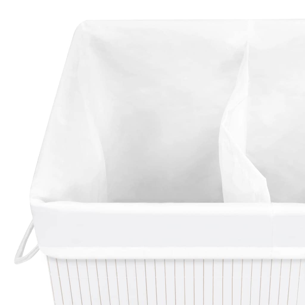Cesto para la colada de bambú con 2 compartimentos, color blanco, 72 L, plegable y ahorra espacio, para cuarto de baño, dormitorio, lavandería, habitación infantil, con asas y bolsa extraíble