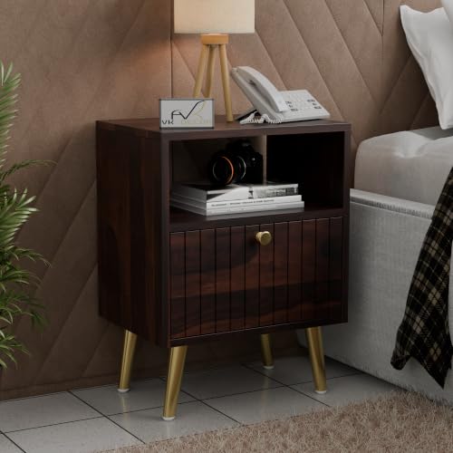 Image of Solid Sheesham Wood Bedside Table with Storage Cabinet & Open Shelf | Wooden Nightstand with Fluted Door, Gold Finish Metal Legs & Brass Knob (Walnut Finish)