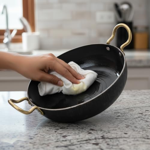 Image of LAZYwindow Traditional Iron Kadhai Deep Bottom Kadai /Frying Kadhai with Handle | Scratch Resistant & Metal Spoon Friendly | Sturdy Handles | Dia 20 cm