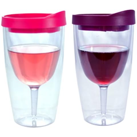 Red & Pink Lids Wine Tumbler Set, 16oz, 2 Pack - Southern Homewares - Insulated Double Wall Acrylic w/See Through Cups Cover