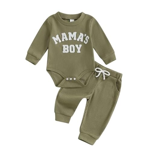 Carolilly Tenue pour bébé garçon, combinaison à manches longues avec lettres brodées + pantalon à taille élastique uni, ensemble de 2 pièces, vêtements pour nouveau-né, vert militaire, 3-6 mois