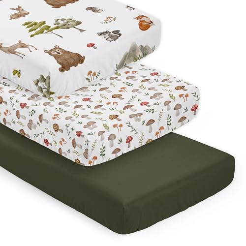 Image of Sweet Jojo Designs 3-Piece Baby Crib Sheets Set (Woodland Forest Animals) for Girls /Boys, Infant Nursery, Toddler Room - Fitted, Standard Size (Solid Green, Toadstool Mushrooms & Animal Friends, Bear)