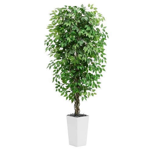 Artificial Ficus Tree 6FT Faux Plants Indoor Tall Fake Plants with White Planter, Green Lifelike Lush Fake Ficus Tree for Home Living Room Bedroom Outdoor Balcony House Office Decor