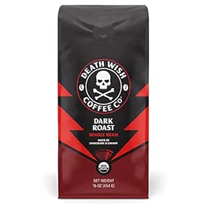 Death Wish Coffee, Organic and Fair Trade Dark Roast Whole Bean Coffee, 16 oz