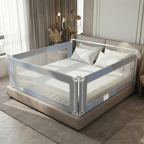 NurturaNook Queen Size Baby Bed Rail Guard Extra Tall Safety Bedside Rail with Headboard Rod for Toddlers Adjustable No-Gap Design 3 Panels (278.7 + 159) Gray & Light Blue