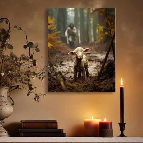religious wall decor for prayer room christian wall art for christmas decorations indoor jesus and lamb canvas wall prints jesus running after lost lamb picture for home decor baptism gifts for boys-girl serenity prayer wall art a-333