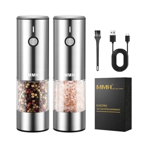 [Upgraded 66g Large Capacity] Electric Salt and Pepper Grinder Set of 2, Rechargeable with 6 Level Adjustable Coarseness, Stainless Steel Automatic Salt and Pepper Shakers Refillable with LED light Cover