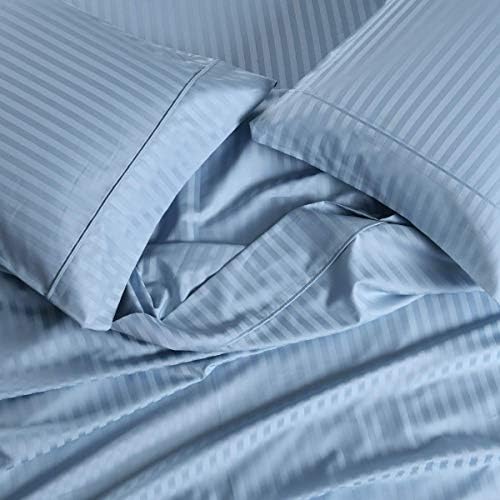 Damask Striped 650-Thread-Count, Cotton Blend, Set of 2 King Size Soft Wrinkle Resistant Pillow Cases, Blue