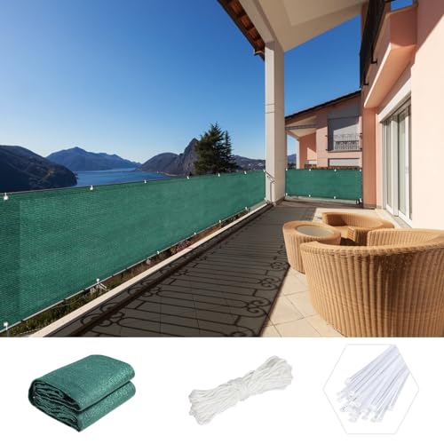 NINGBAI Pantalla para Balcón Jardín Protección 95 x 900 cm Protección Visual Valla, Balcón Privacidad Natural, Lona de Protección Solar HDPE 220 g/m² Protección UV para Balcón Piscina, Verde Oscuro