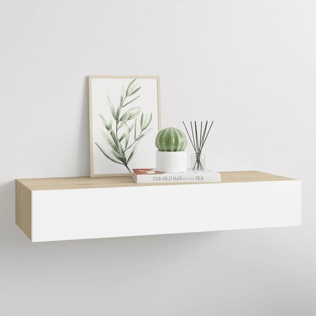 Estante de Pared con cajón de MDF (Roble y Blanco, 60 x 23,5 x 10 cm), Mobiliario Estanterías Estantes y estanterías, Marrón, 5kg