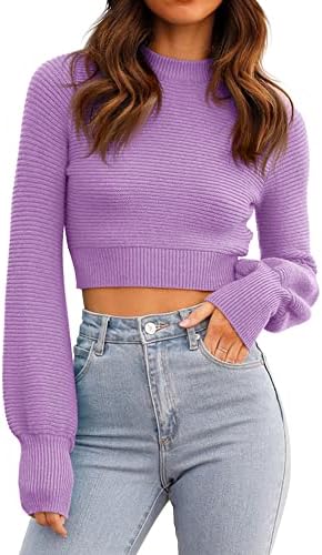 GeGekoko Womens Sexy Crew Neck Cropped Sweaters Ribbed Knit Long ...