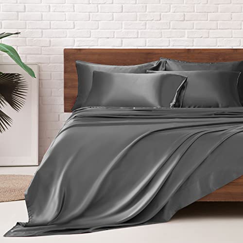 Image of MR&HM Satin Bed Sheets, Queen Size Sheets Set, 6 Pcs Silky Bedding Set with 15 Inches Deep Pocket for Mattress (Queen, Dark Grey)