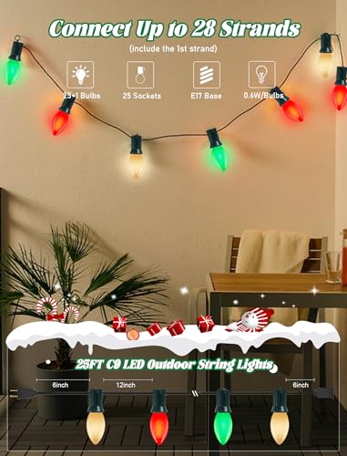 Image of C9 LED Christmas Lights Outdoor 25Ft Outdoor Christmas Decorations String Lights Waterproof with 26 C9 LED Red White and Green Bulbs, Hanging Vintage Christmas Light for Garden Party Pathway Roofline