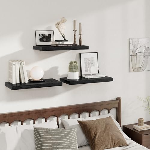Image of Fun Memories 24 x 12 Inch Deep Floating Shelves, 12 Inch Deep Rustic Wooden Book Shelf, Extra Deeper & Thicker Hanging Shelves for Living Room, Bathroom, Bedroom, Kitchen, Office, Set of 2 (Black)