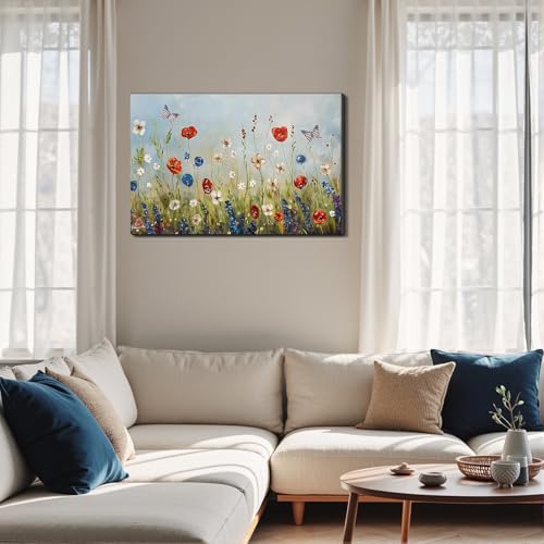 Image of Framed American Flag Butterfly Wildflower Wall Art, Patriotic Floral Canvas Art Pictures, USA Flag Wall Decor, Made in USA Ready to Hang for Living Room Bedroom