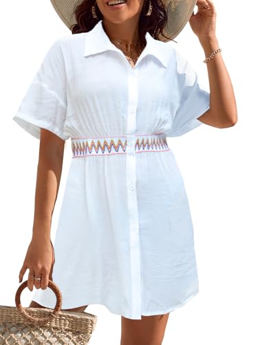 JFAN Copricostume Donna Mare Camicia Lunga Donna Vestito con Scollo a V e Vita Cover Up Vintage con Stampa Floreale Bianco