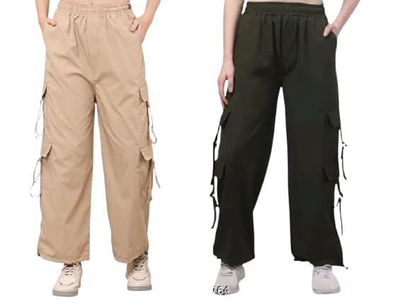 Women's Cargo Pants, Soft NS Fabric Elastic Waistband, Multi-Pocket, Wide Leg, Pack of 2 Size(26,28,30,32,34,36)-picture-40