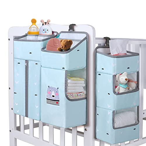 Image of NGORAY Hanging Baby Diaper Caddy Organizers for Crib - 3-in-1 Diaper Stacker for Changing Table Nursery Organization Storage Holder for Baby Essentials Attachment Portable Combining Clothing (Blue)