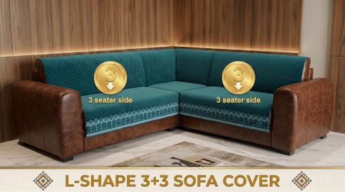 Image of KINGLY L-Shape Sofa Cover 6 Seater 3+3 Velvet Full Cover - Teal Blue | Fully covered quilted velvet slipcover, washable anti-slip furniture protector, L-type corner sofa cover for living room