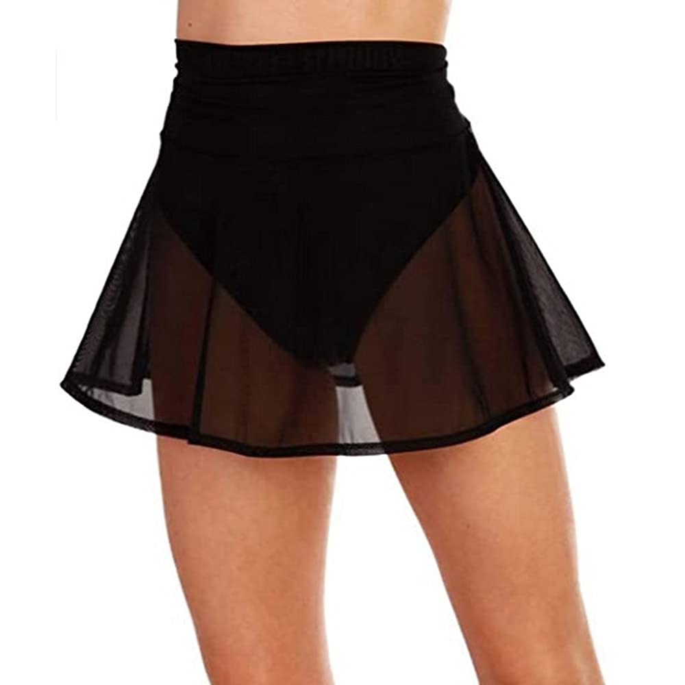 KnniMorning TEES Women's Sheer Mesh Mini Skirts See-Through High Waist Solid Skater Skirt Beach Cover-ups (Black, M)