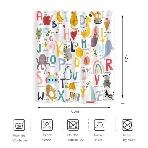 Image of Alphabet Shower Curtain Kids ABC Educational Learning Tool Baby Cartoon Animals Girls Boys Colorful Bathroom Decor Waterproof Fabric 72Lx60W Inch with Hooks