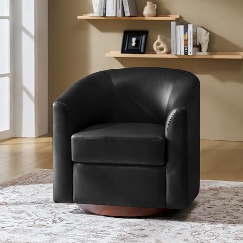 Image of HULALA HOME Faux Leather Swivel Accent Chair with Solid Wood Base, Round Swivel Barrel Chair for Living Room and Bedroom, No Assembly Required, Black