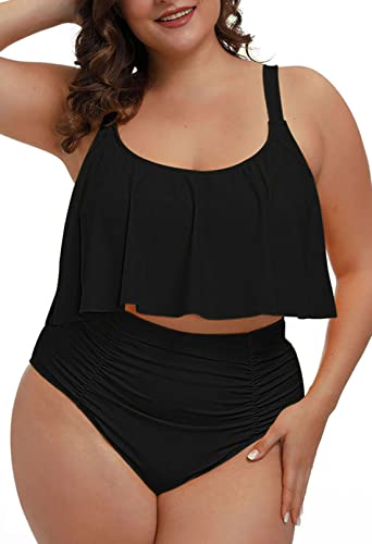 Pink Queen Damen Übergröße Tankini Set 2-Teiliges Bauchkontrolle Badeanzüge Strand Rüschen Plus Size Bikini Schwarz XL