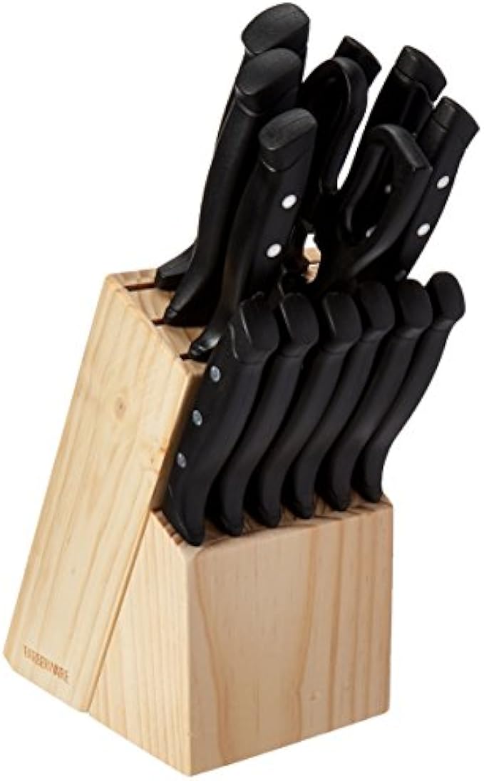 Farberware 22-Piece Triple Rivet Rust-Resistant Wave Edge High-Carbon Stainless Steel Knife Block Set, Beechwood/Black