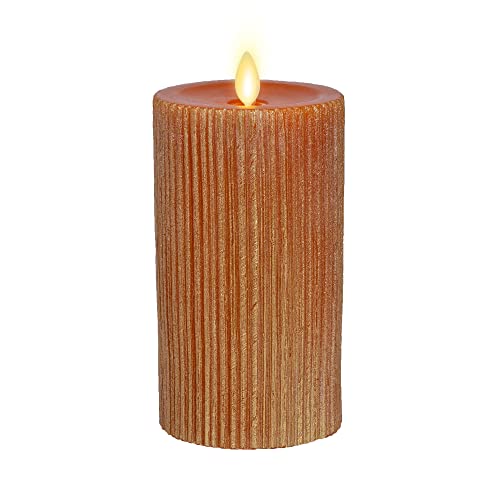 Image of Luminara Flameless LED Candle (3.25x6.5) with Embossed Metallic Furrow, Moving Flame LED Pillar, Real Wax with Recessed Edge, Battery Operated - Orange