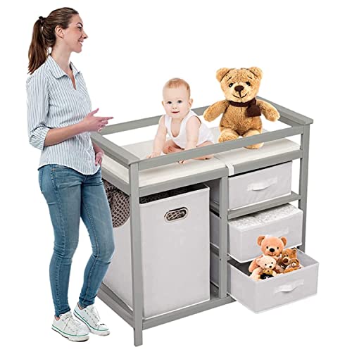 Image of Kinfant Baby Changing Table with Storage - Diaper Changing Table with Laundry Hamper, 3 Storage Basket, Changing Pad & Safety Belt (Grey)