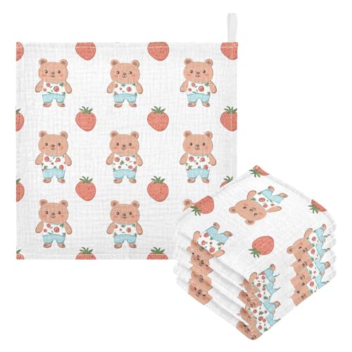 vvfelixl Kawaii Bear Strawberry Baby Burp Cloths Baby Muslin Washcloths for Boys Girls Cotton Babys Face Towel for Newborn Infants Soft and Absorbent 11.8 X 11.8 in, 5 Pack3