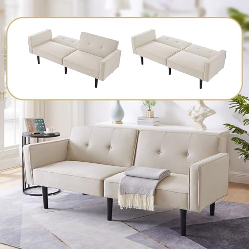 Sofá cama multifuncional 2 en 1 con respaldo ajustable independientemente, funda de lino de algodón, espuma de alta densidad y 6 patas de madera resistente, sofá cama que ahorra espacio para una vida