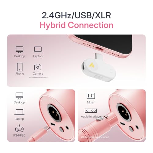 Image of MAONO PD200W Hybrid Wireless Podcast Microphone for PC, Dynamic XLR USB Mic with Desktop Stand, Software, Noise Cancellation, for Vocal Recording, Streaming, Content Creation, Pink