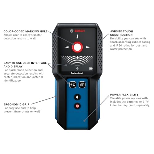 BOSCH GMS120-27 Wall Scanner and Stud Finder, Detects Wood, Metal, and Live Wires Behind Your Wall - Includes 2 AA Batteries and Pouch