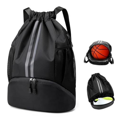 TOSAVGA Turnbeutel mit Kordelzug, Wasserdicht Sportbeutel mit Schuhfach, Sportrucksack mit Innentasche, Außentasche, Gym Bag Turntasche Große Kapazität, Schwimmbeutel für Damen Herren Kinder Jungen