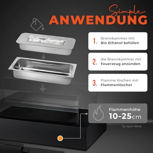 flammtal Bioethanol Tischkamin Square für Garten Terrasse Balkon Tisch Deko - Tischfeuer für Indoor & Outdoor [3h Brenndauer] - Verstellbare Flamme - Bio Ethanol Kamin mit Sicherheitsglas