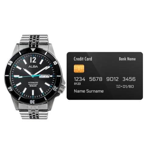 Image of ALBA AL4645X1 Automatic Analog Watch for Men | Black Dial | Japanese Y676 Automatic Movement | 44 mm Stainless Steel Case | Two-Way Rotating Bezel | Stainless Steel Bracelet | Day & Date Display | Mineral Crystal | 10 BAR Water Resistant