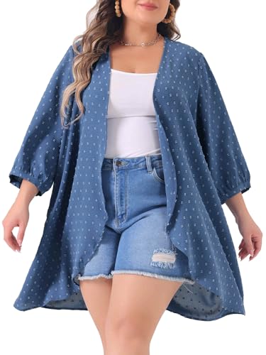 Image of Agnes Orinda Plus Size Cardigan for Women Open Front 3 /4 Sleeve Swiss Dots Lightweight Casual Cover Up 3X Blue