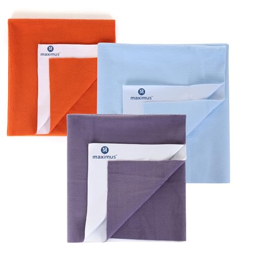 Image of Maximus Waterproof Quick Dry Sheet for Baby Pack of 3 | Bed Pad Extra Absorbent Washable Matress Protector | Bed Protector Sheet for Toddler Children (70x50cm) (Grey & SkyBlue, Orange, Small)