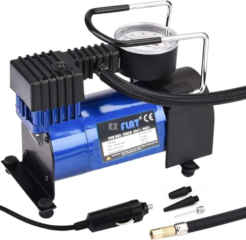 Image of EX Flat i7878 Heavy Duty Metal Electric Car Air Compressor with Pressure Gauge,12V DC Portable Tyre Inflator Air Pump for Car,Trucks,Bus, Bike, Auto & Van, Single Cylinder 150 PSI High Pressure