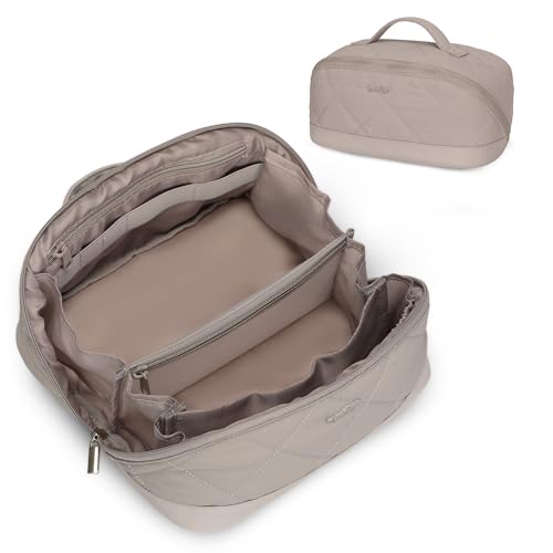 Image of Hynes Eagle Travel Makeup Bag for Women Puffy Cosmetic Organizer Pouch Open Flat Toiletry Bag for Toiletries Brushes Structured Base Classic Camel