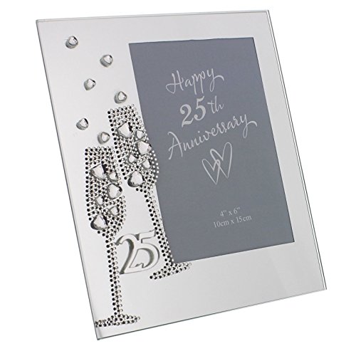 Marco de fotos de cristal de 25º aniversario de boda, bodas de plata, diseño de copas de champán y diamantes (19 x 16,5 cm) - WG45425